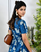 Indigo Floral Printed Cotton Half Sleeve Dress for Women