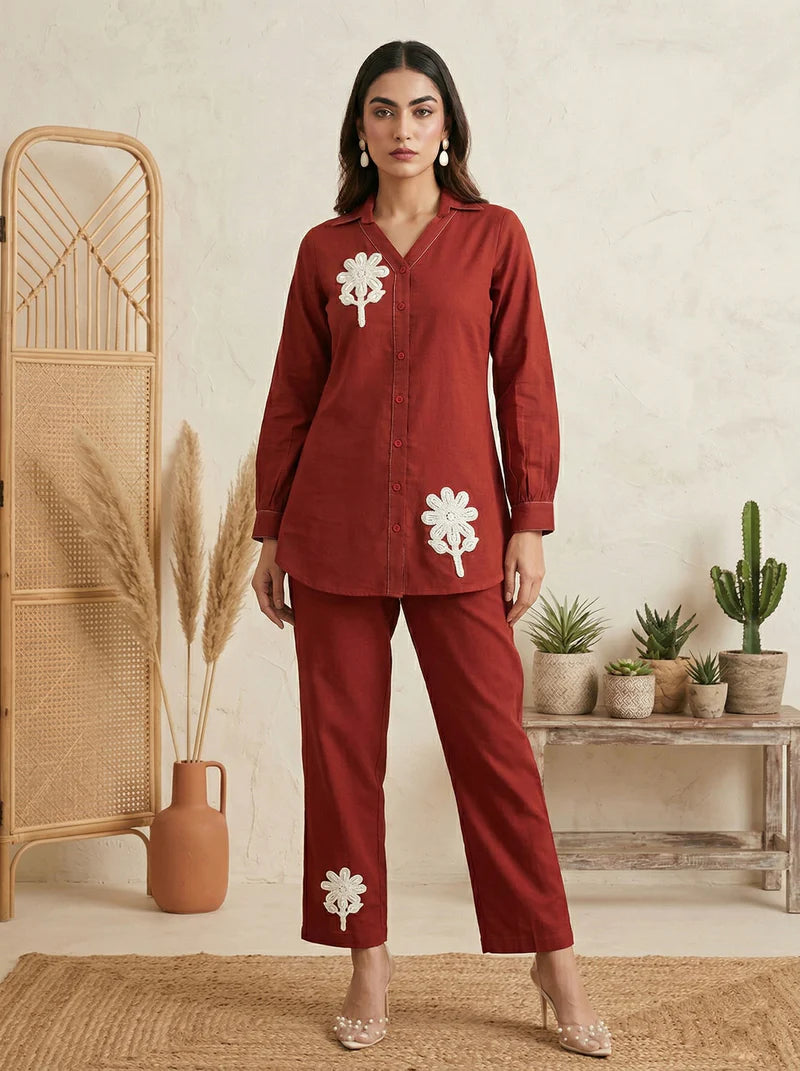 Dark Green Pure Cotton Embroidered Co-Ord Set