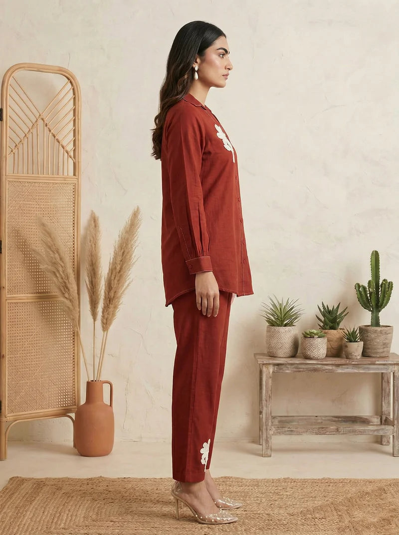 Dark Green Pure Cotton Embroidered Co-Ord Set