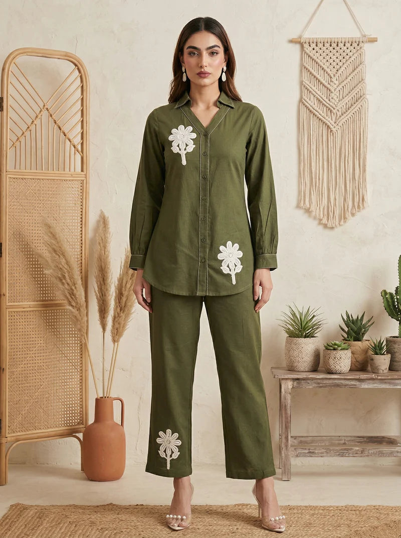 Dark Green Pure Cotton Embroidered Co-Ord Set