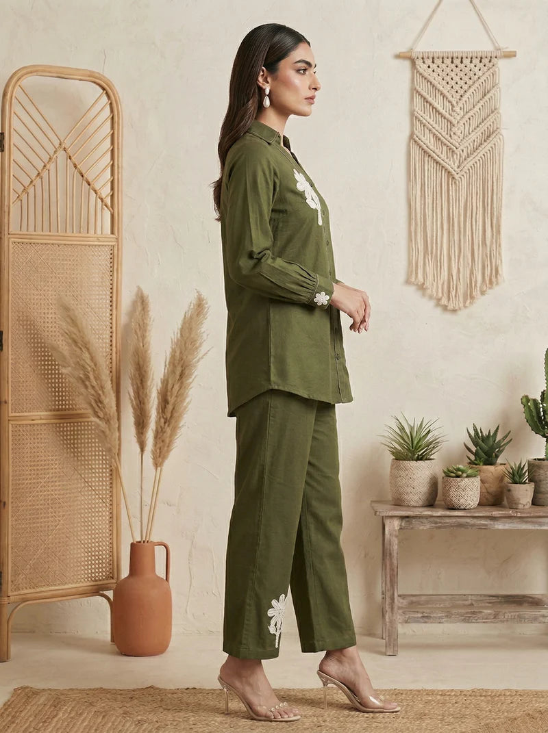Dark Green Pure Cotton Embroidered Co-Ord Set