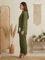 Dark Green Pure Cotton Embroidered Co-Ord Set