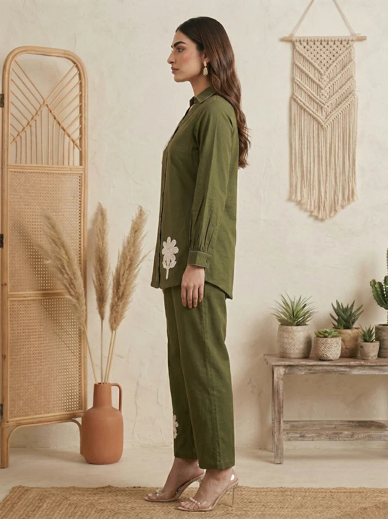 Dark Green Pure Cotton Embroidered Co-Ord Set