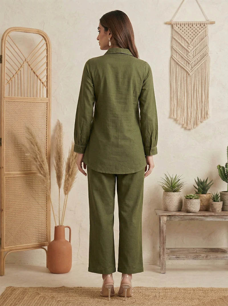Dark Green Pure Cotton Embroidered Co-Ord Set