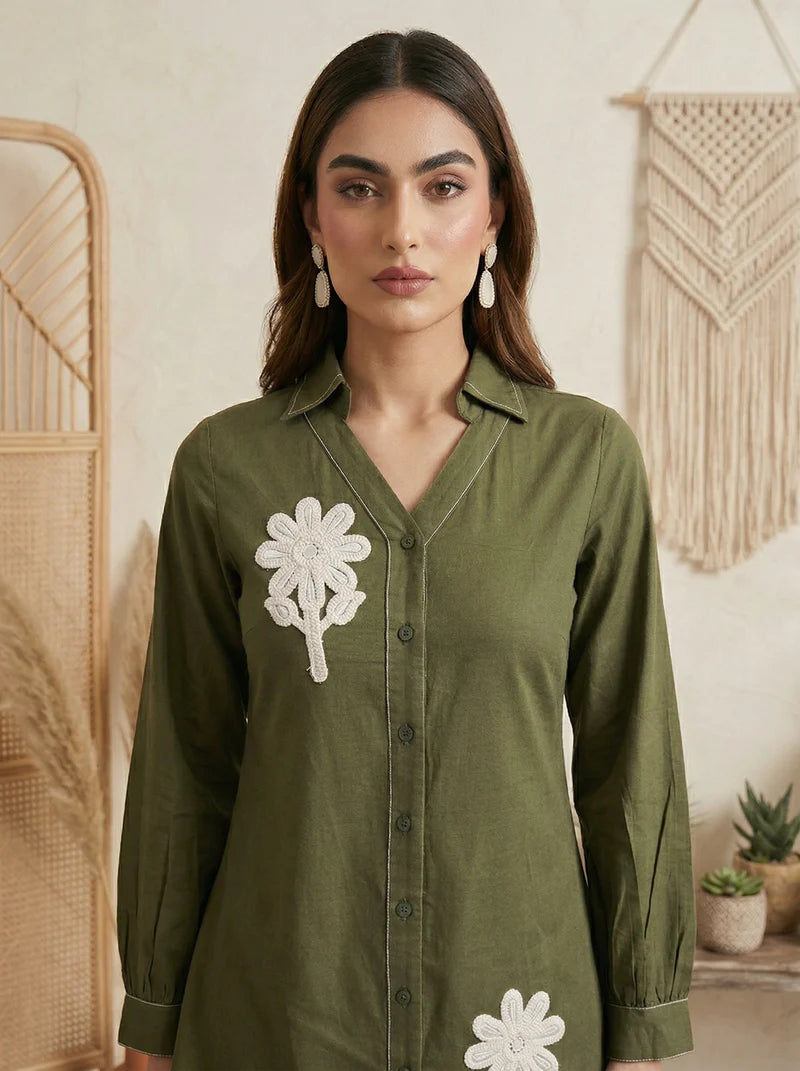 Dark Green Pure Cotton Embroidered Co-Ord Set