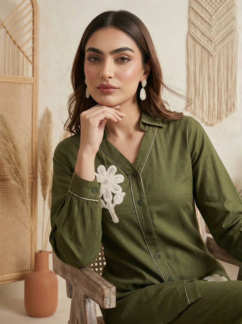 Dark Green Pure Cotton Embroidered Co-Ord Set