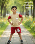 Kids Printed T-Shirt & Shorts Set – Micro Looper Fabric | Beige & Red Co-ord