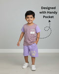 Kids Printed T-Shirt & Shorts Set with Pocket – Lavender & Mauve | Micro Looper Co-ord