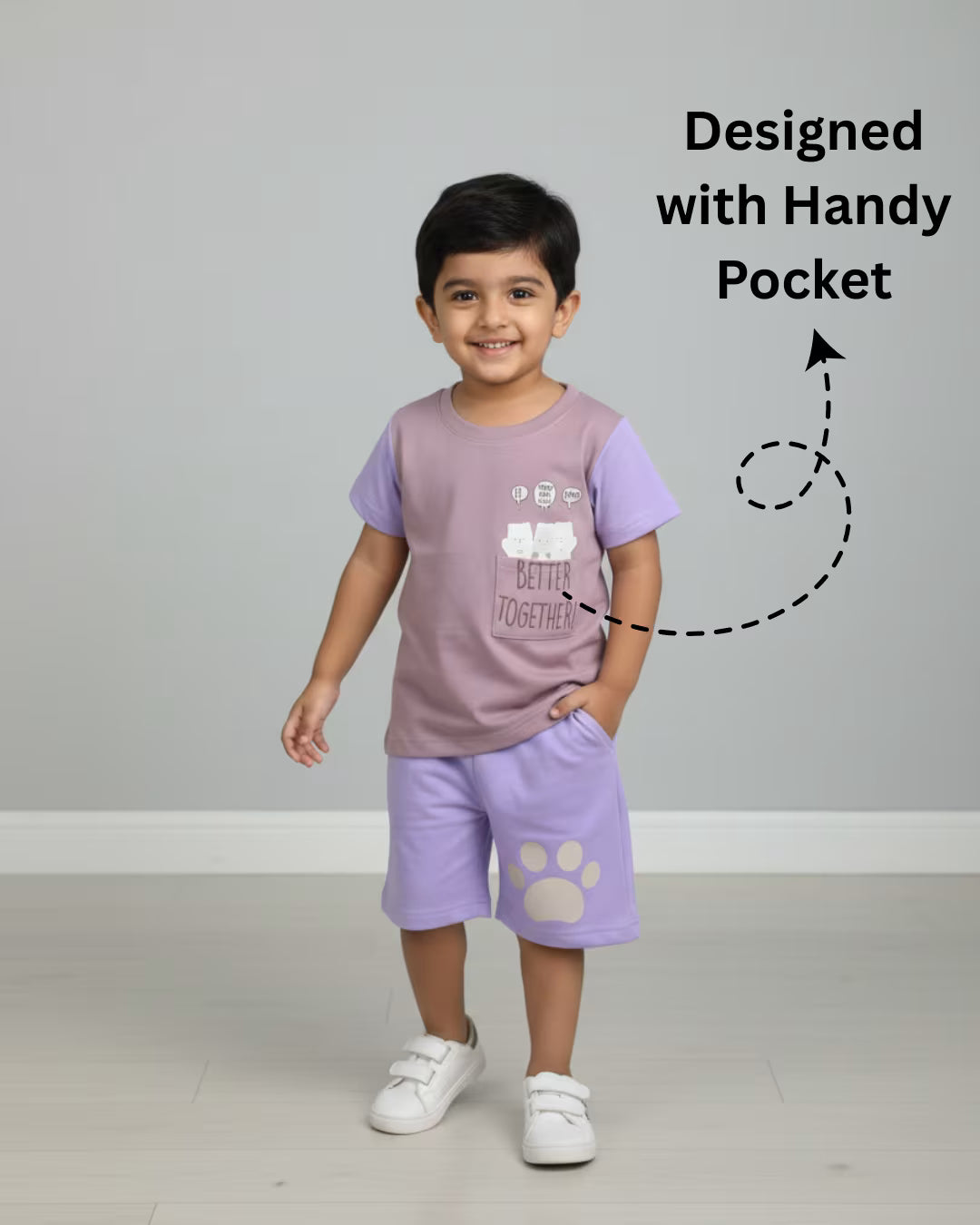 Kids Printed T-Shirt & Shorts Set with Pocket – Lavender & Mauve | Micro Looper Co-ord