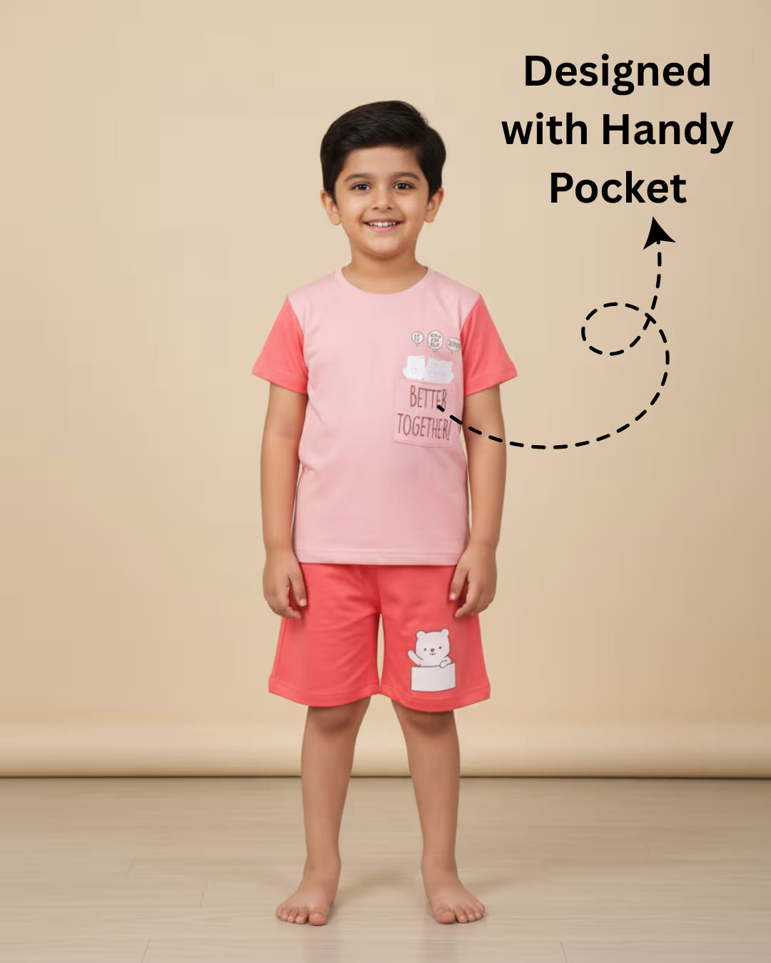 Kids Printed T-Shirt & Shorts Set with Pocket – Pink & Coral | Micro Looper Fabric Co-ord