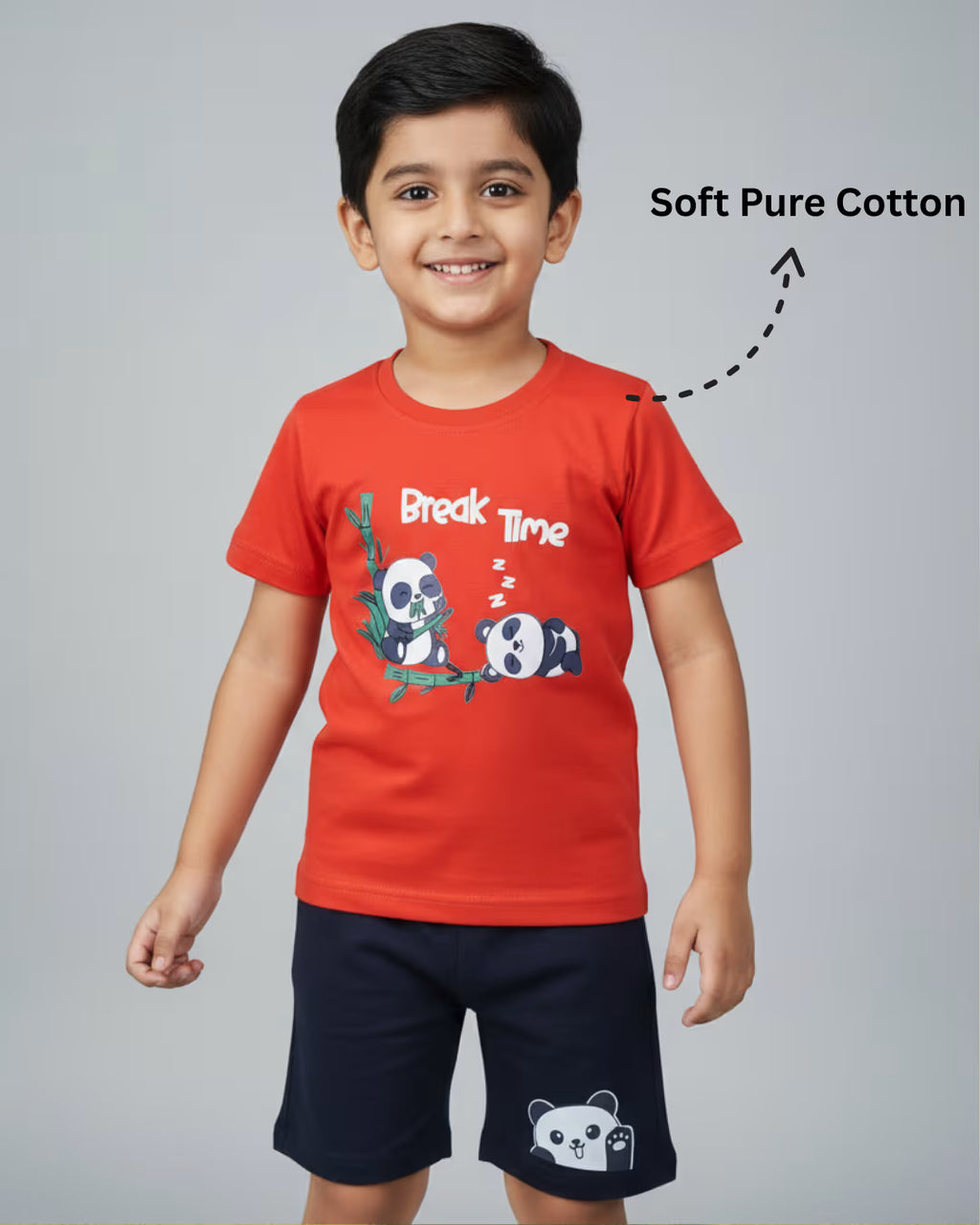 Kids Pure Cotton Printed T-Shirt & Shorts Set – Red & Navy | Soft Summer Co-ord