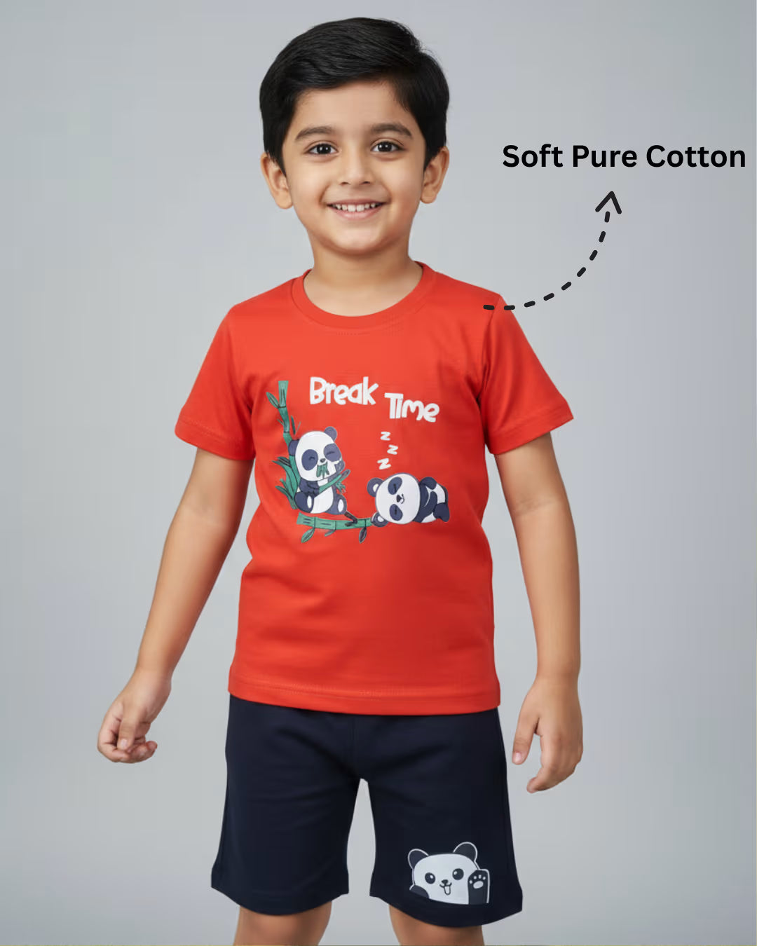 Kids Pure Cotton Printed T-Shirt & Shorts Set – Red & Navy | Soft Summer Co-ord