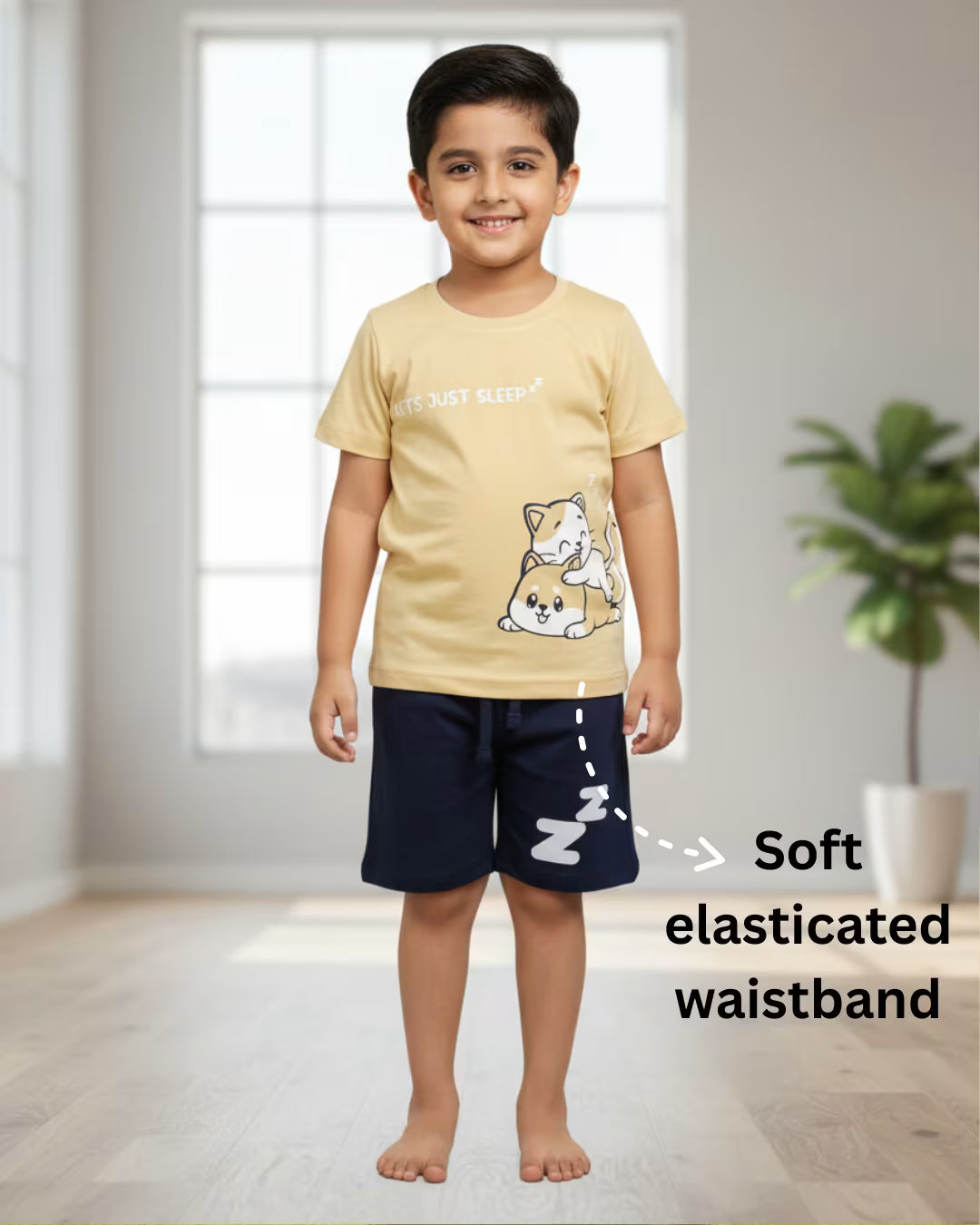 Kids Pure Cotton Printed T-Shirt & Shorts Set – Beige & Navy | Soft Comfort Co-ord