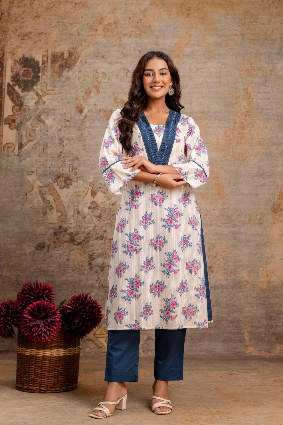 Teal White Pure Cotton Floral Kurta Set