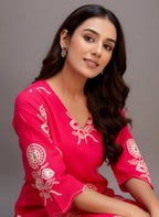 Designer Pink Co-ord Set with Tulip Pants & White Floral Embroidery