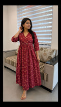 Women's Maroon Printed Cotton V-Neck Flared Maxi Dress