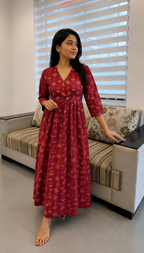 Women's Maroon Printed Cotton V-Neck Flared Maxi Dress