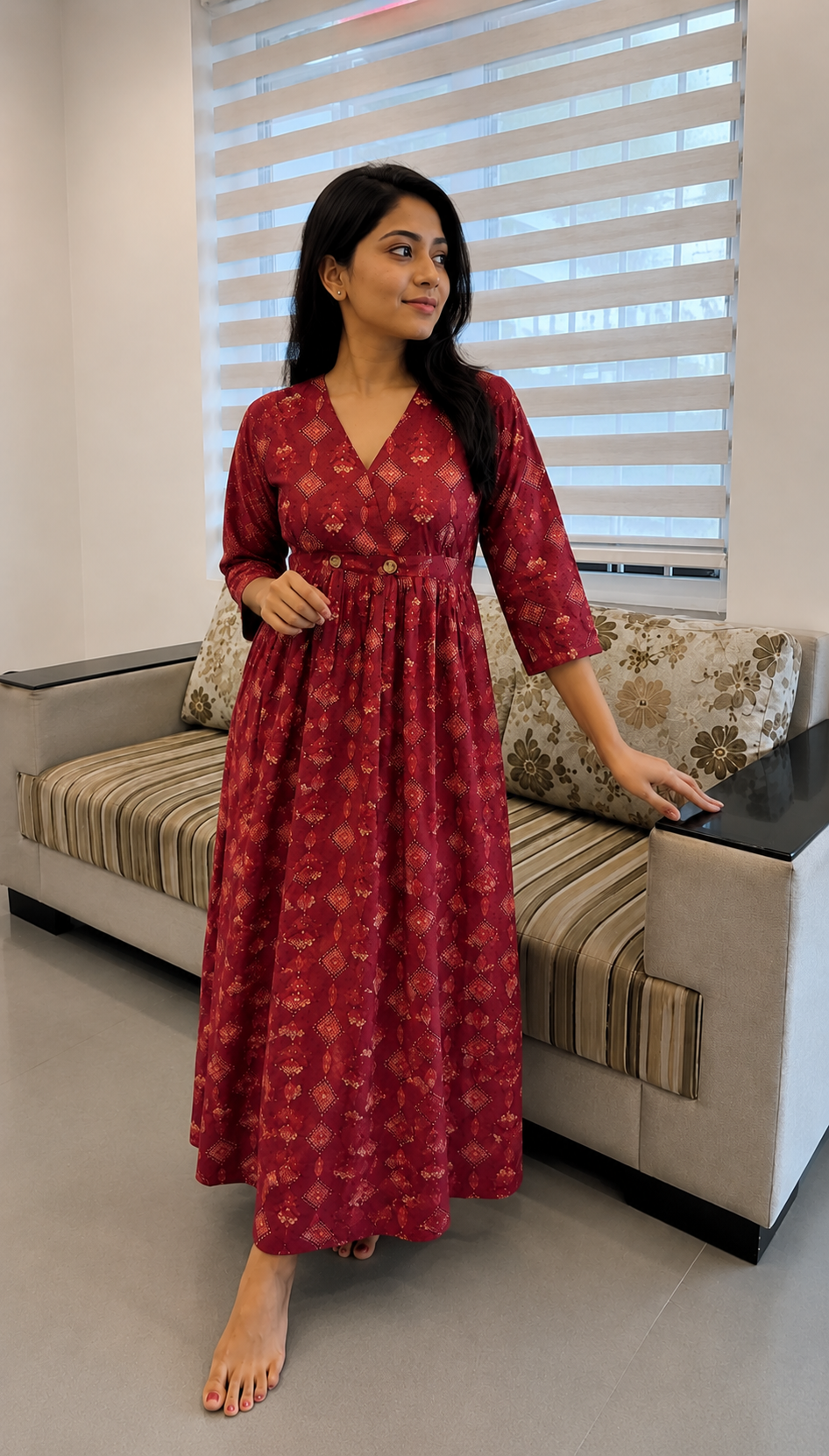 Women's Maroon Printed Cotton V-Neck Flared Maxi Dress