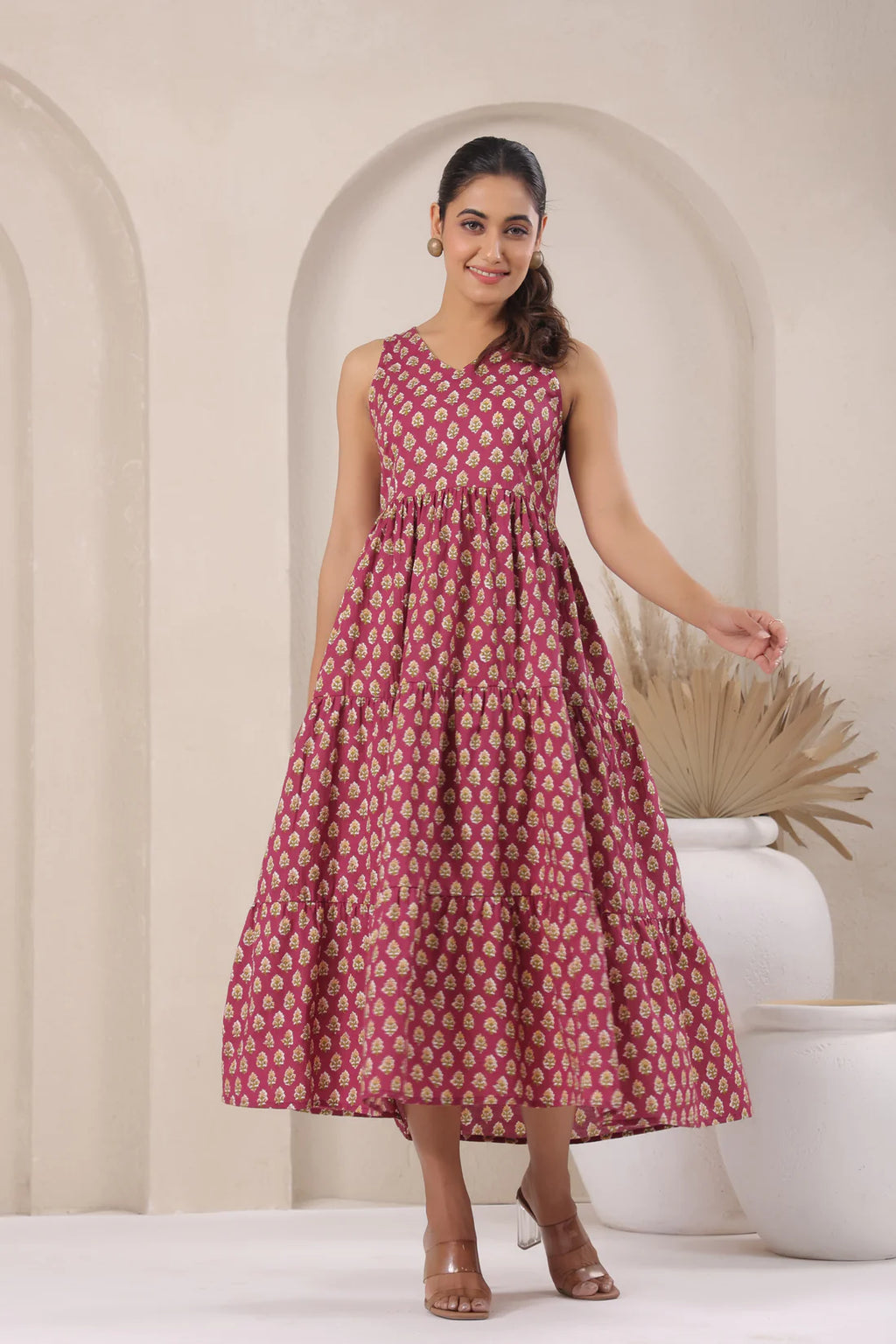 Wine Printed Sleeveless Cotton Flare Dress for Women