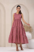 Wine Printed Sleeveless Cotton Flare Dress for Women