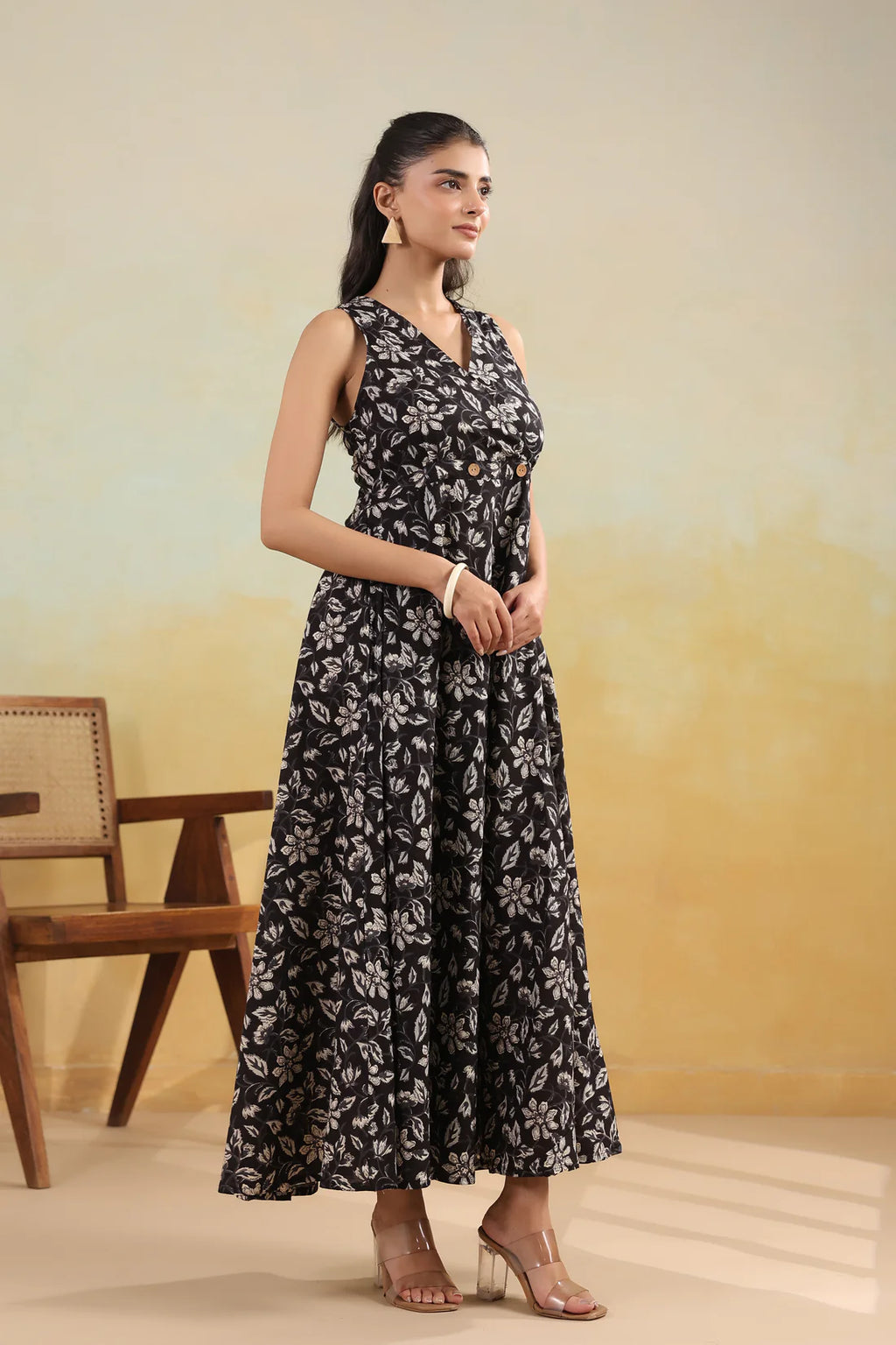 Women’s Pure Cotton Hand Block Printed Flared Maxi Dress – Black Floral