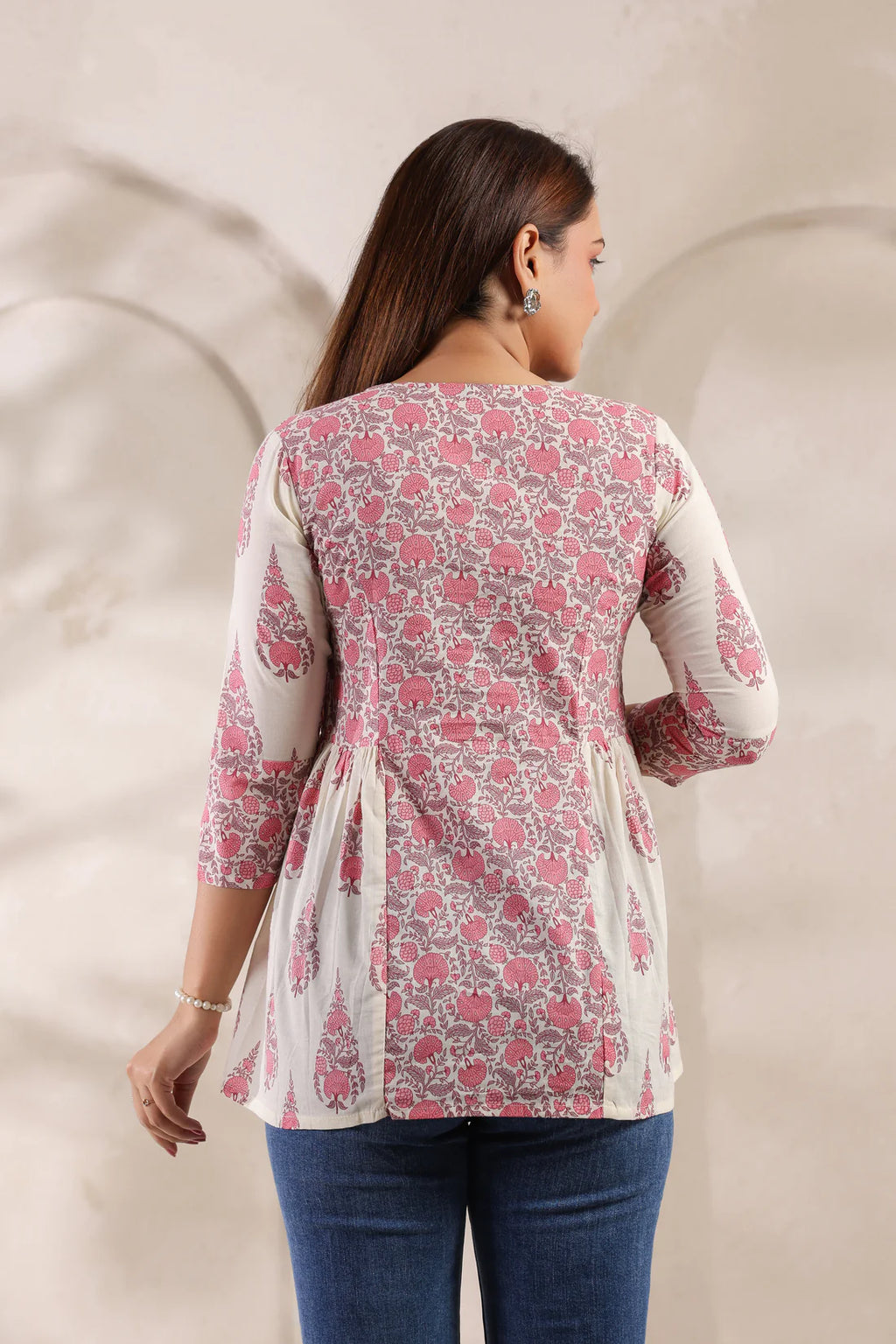 Ivory Pure Cotton Pink Buta Printed Peplum Top