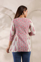 Ivory Pure Cotton Pink Buta Printed Peplum Top