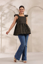 Black Pure Cotton Gold Booti Printed Peplum Top