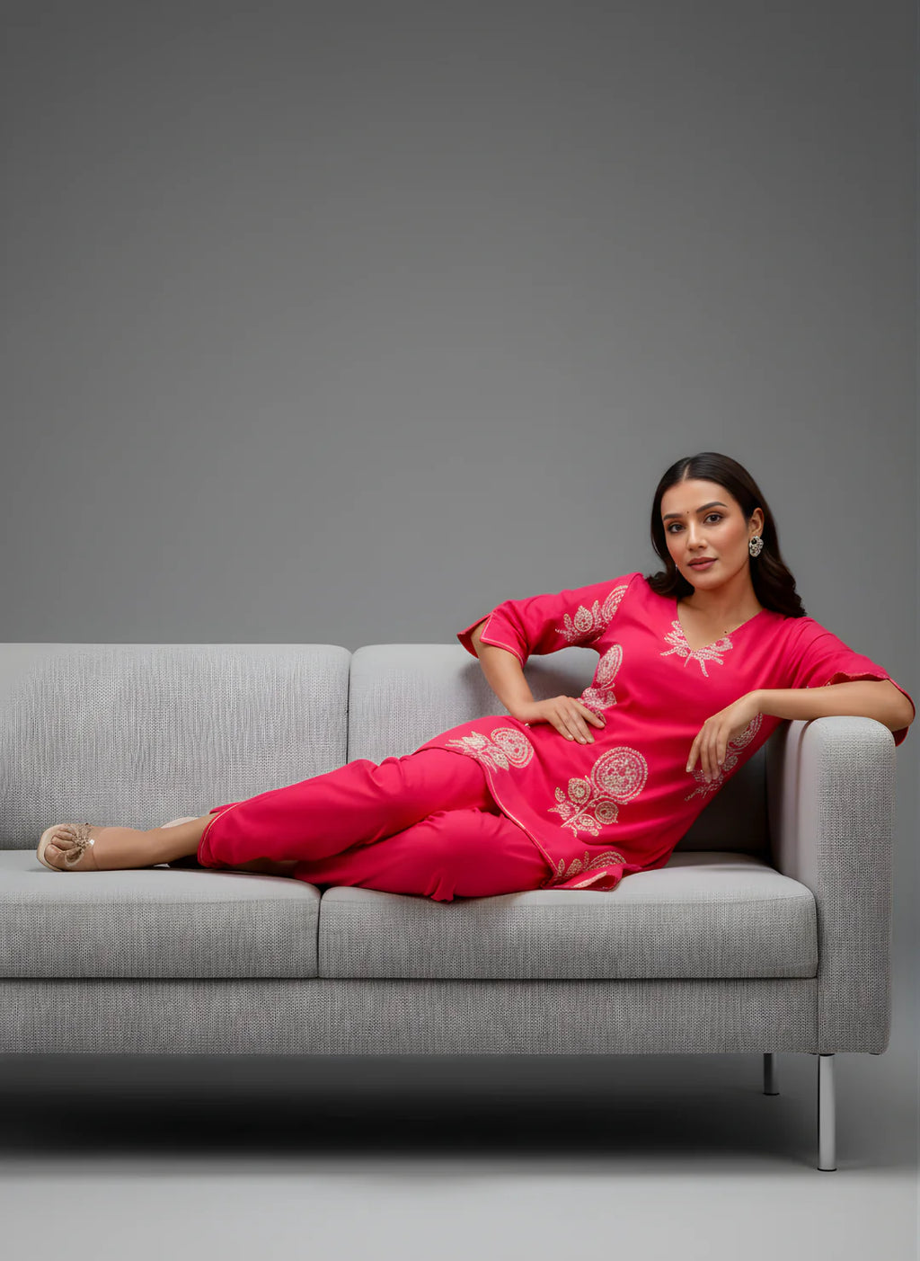 Designer Pink Co-ord Set with Tulip Pants & White Floral Embroidery