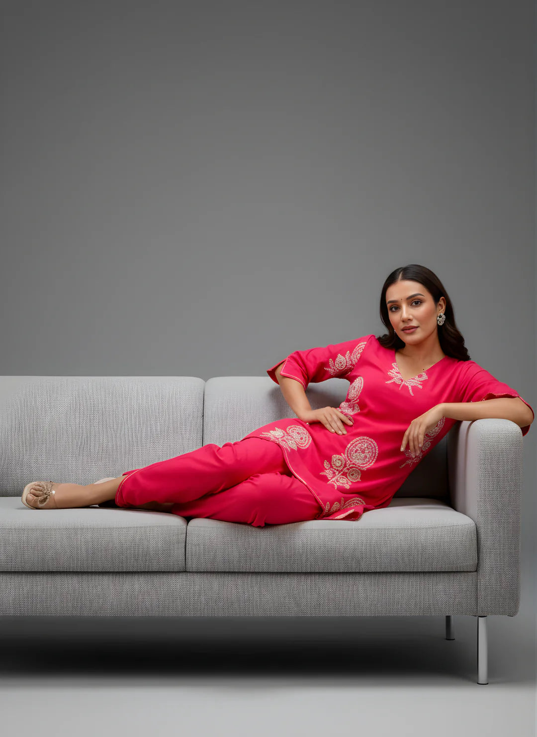 Designer Pink Co-ord Set with Tulip Pants & White Floral Embroidery