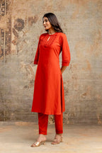 Rust Orange Embroidered Yoke Pure Cotton Kurta Set