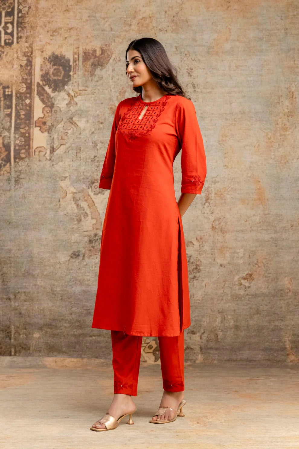 Rust Orange Embroidered Yoke Pure Cotton Kurta Set