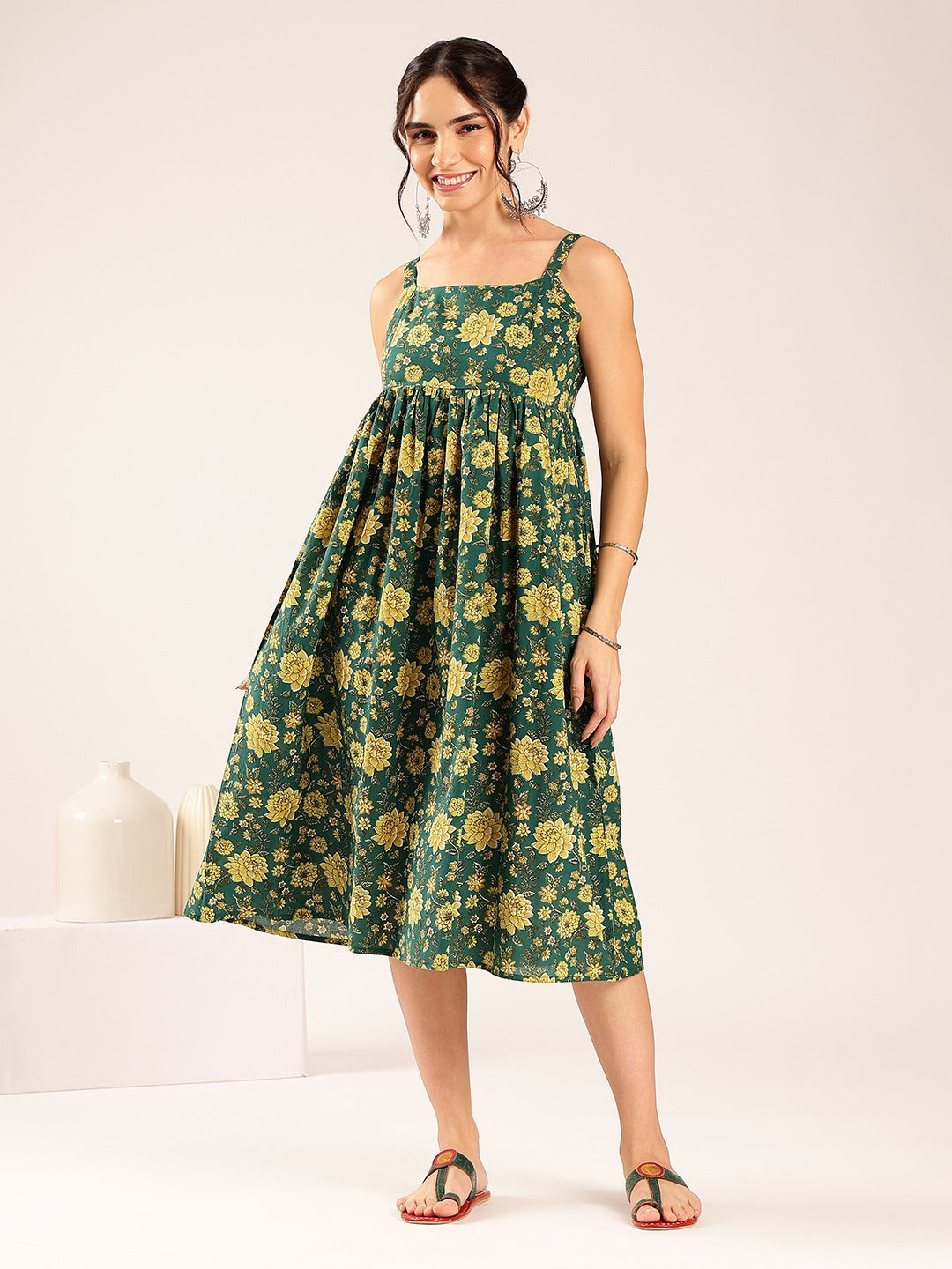 Emerald Bloom Cotton Floral Midi Dress for Women