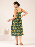 Emerald Bloom Cotton Floral Midi Dress for Women