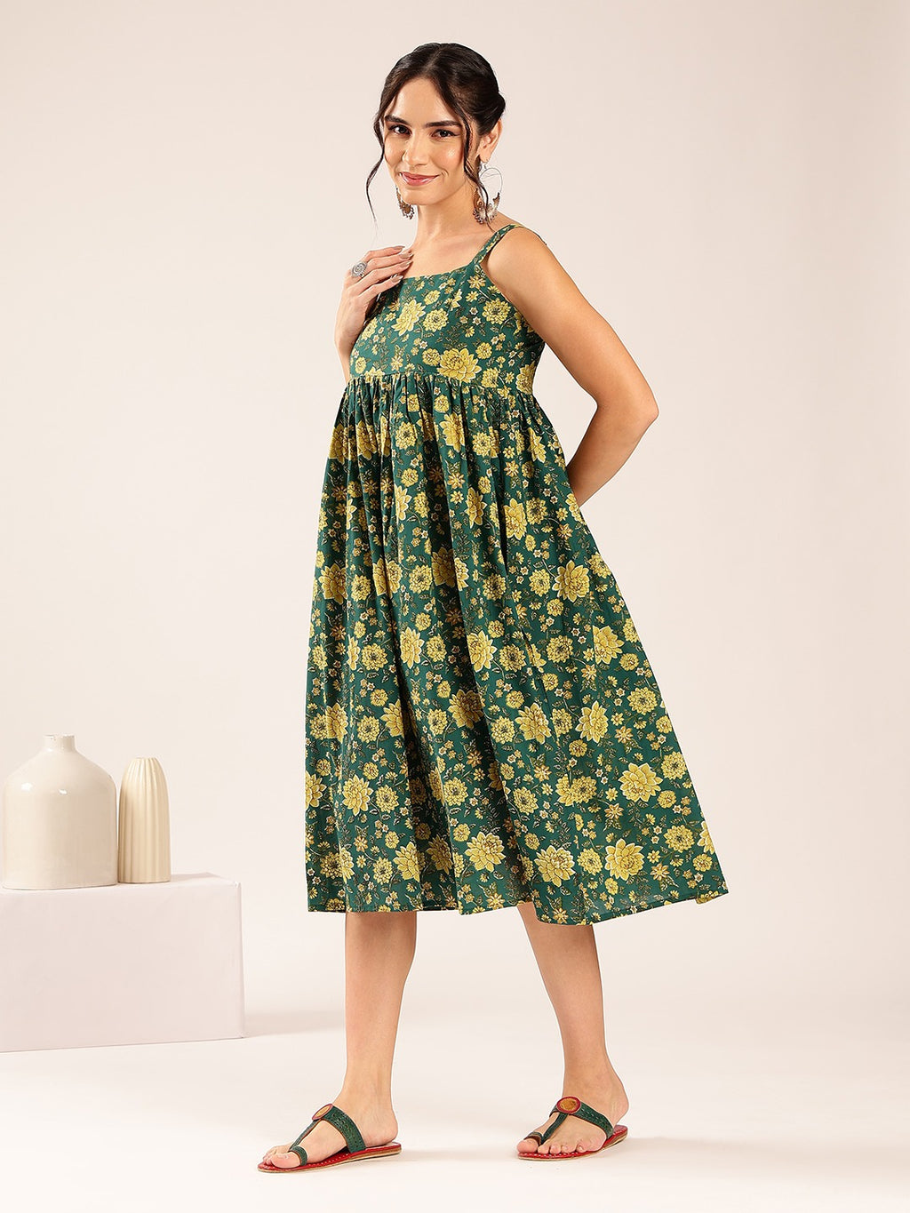 Emerald Bloom Cotton Floral Midi Dress for Women