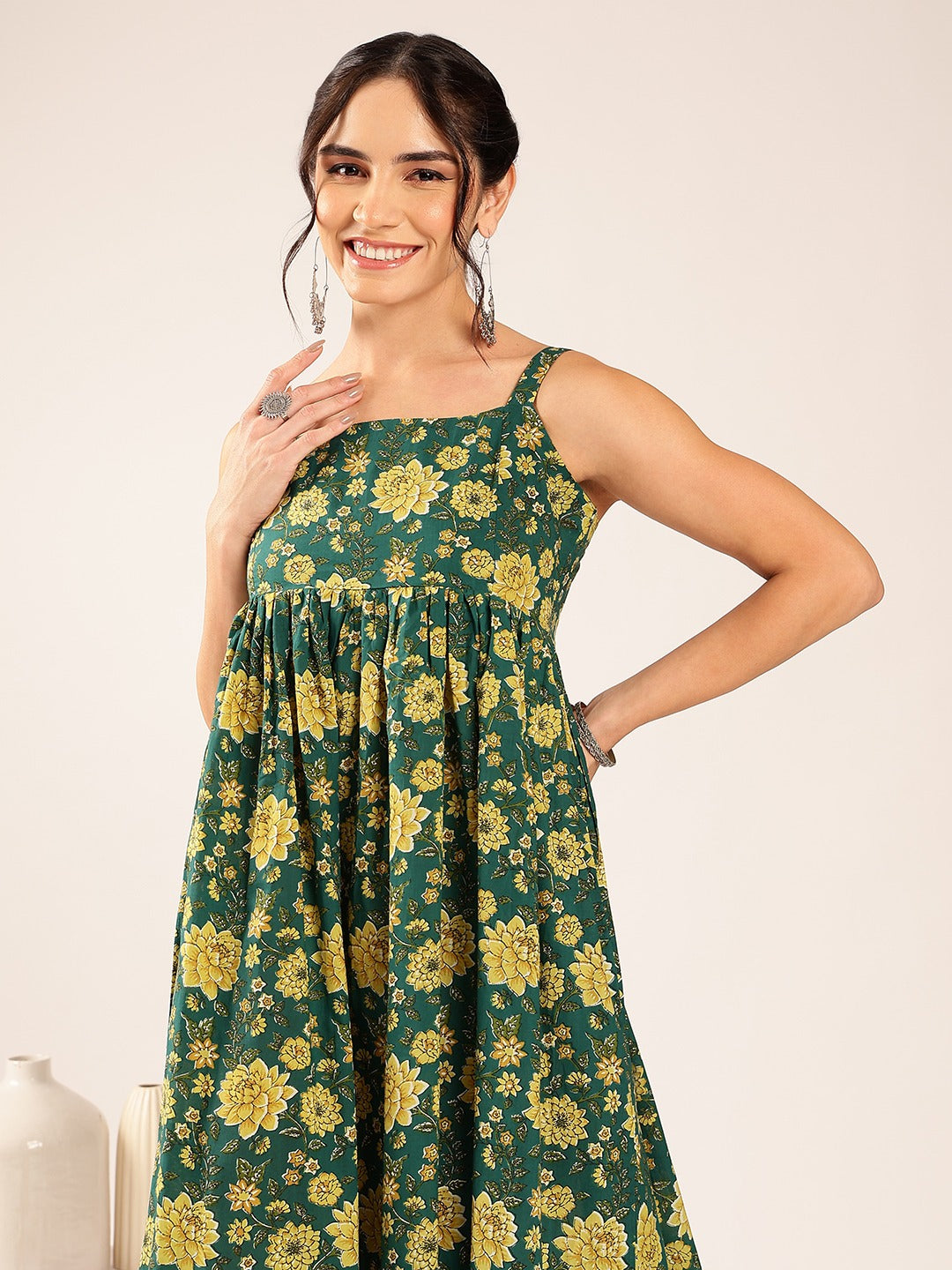 Emerald Bloom Cotton Floral Midi Dress for Women