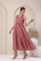 Wine Printed Sleeveless Cotton Flare Dress for Women