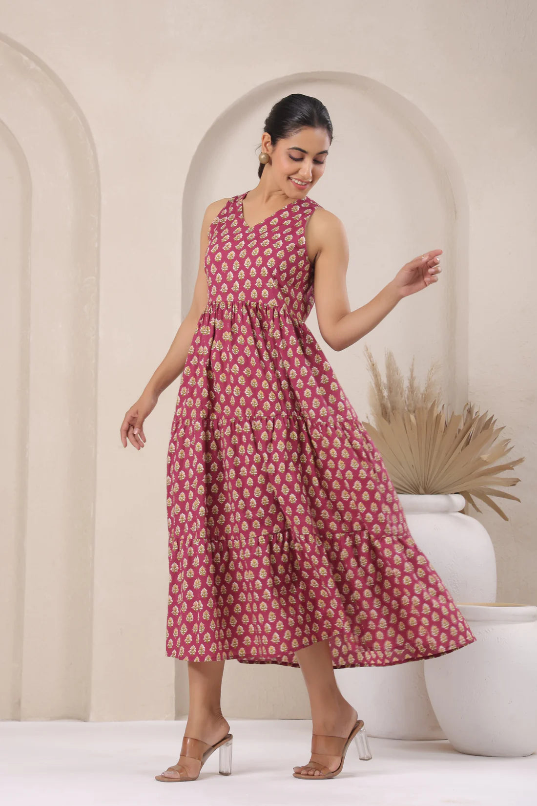 Wine Printed Sleeveless Cotton Flare Dress for Women