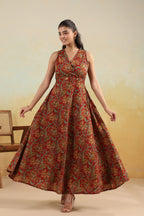 Women’s Pure Cotton Hand Block Printed Maxi Dress – Rust Red Floral