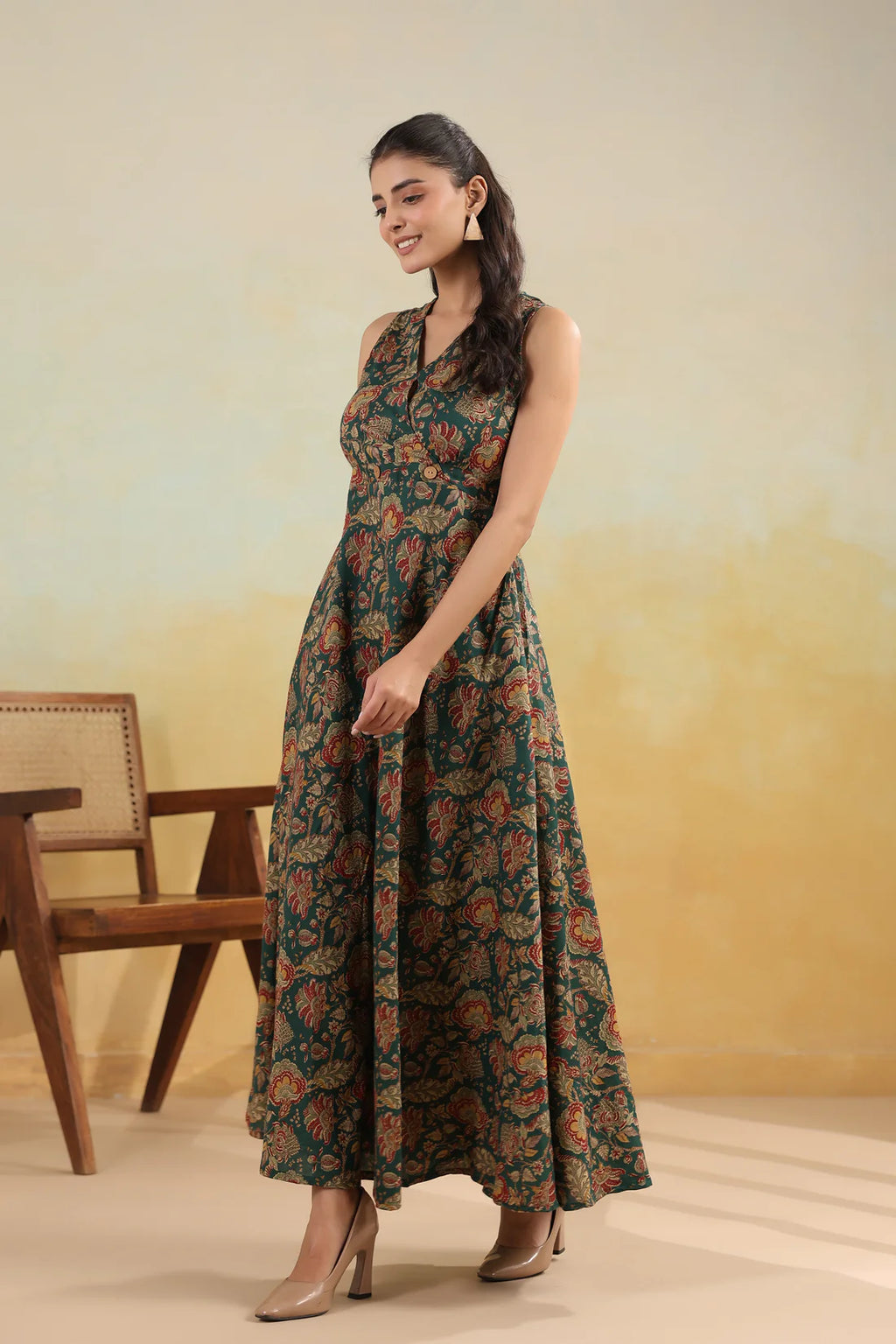 Women’s Pure Cotton Hand Block Printed Flared Maxi Dress – Teal Green Floral