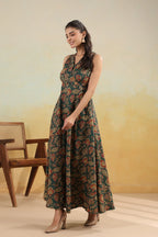 Women’s Pure Cotton Hand Block Printed Flared Maxi Dress – Teal Green Floral