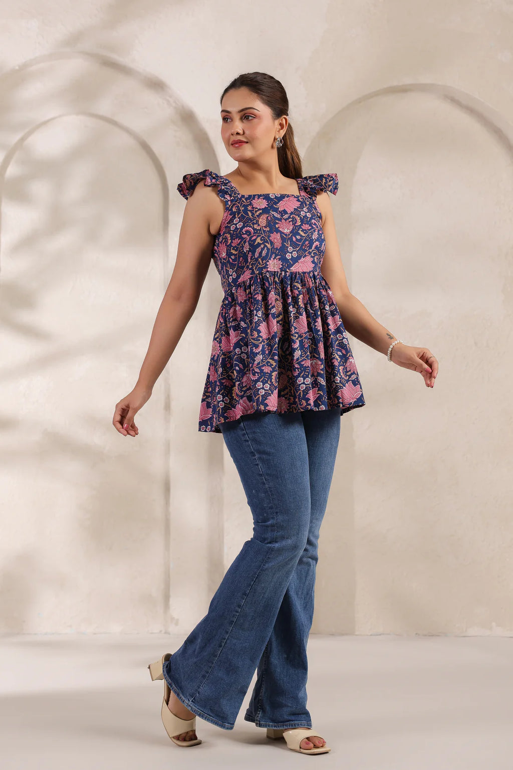 Navy Blue Pure Cotton Lotus Floral Printed Peplum Top