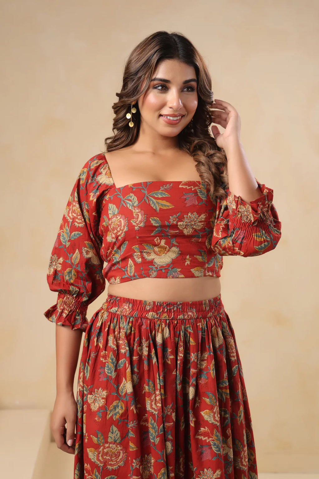 Floral Cotton Crop Top & Skirt Co-ord Set – Red | Elegant Ethnic Summer Wear