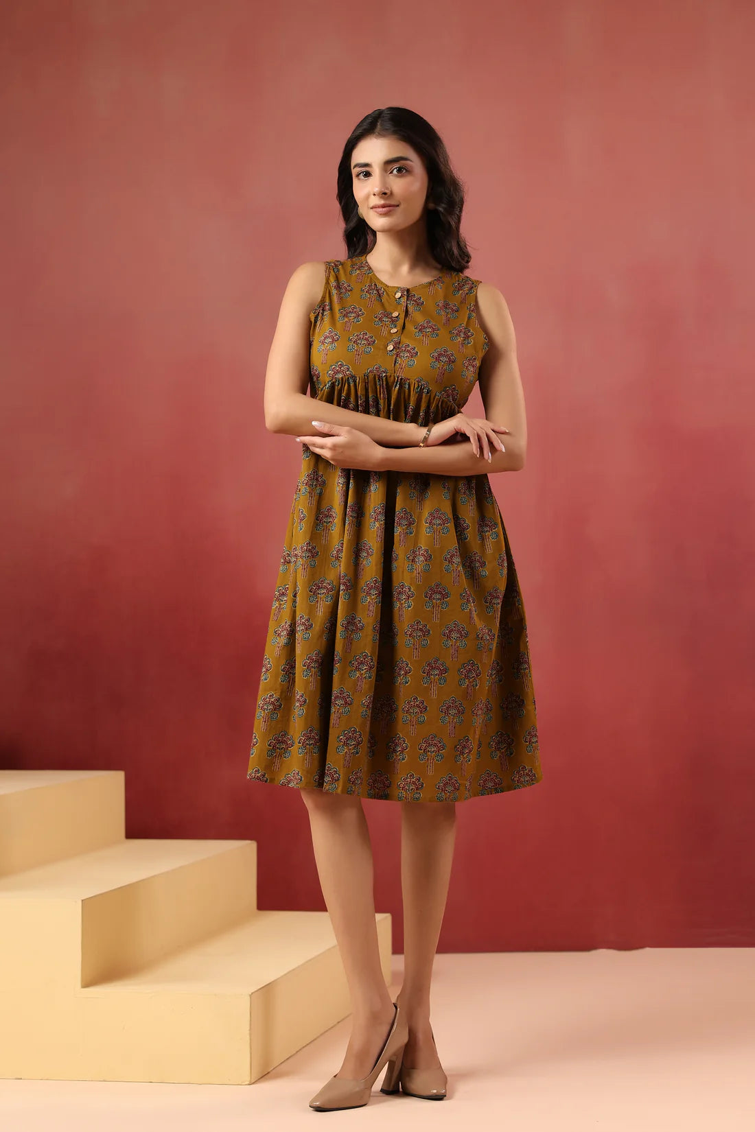 Printed Cotton Sleeveless Dress — Elegant Flared Casual Wear