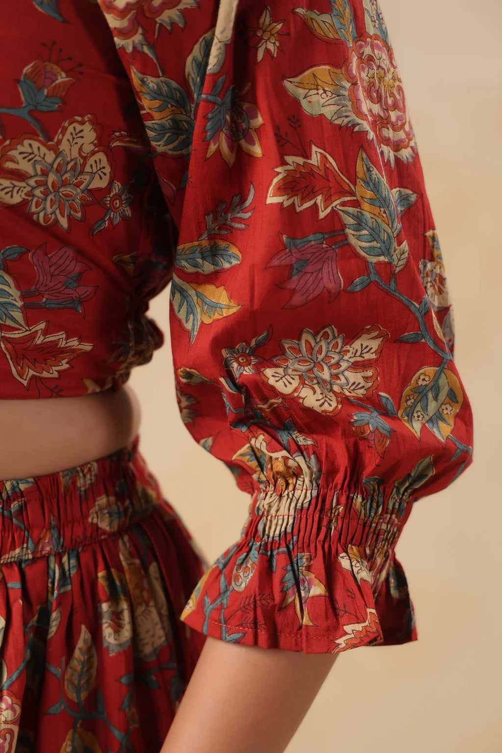 Floral Cotton Crop Top & Skirt Co-ord Set – Red | Elegant Ethnic Summer Wear