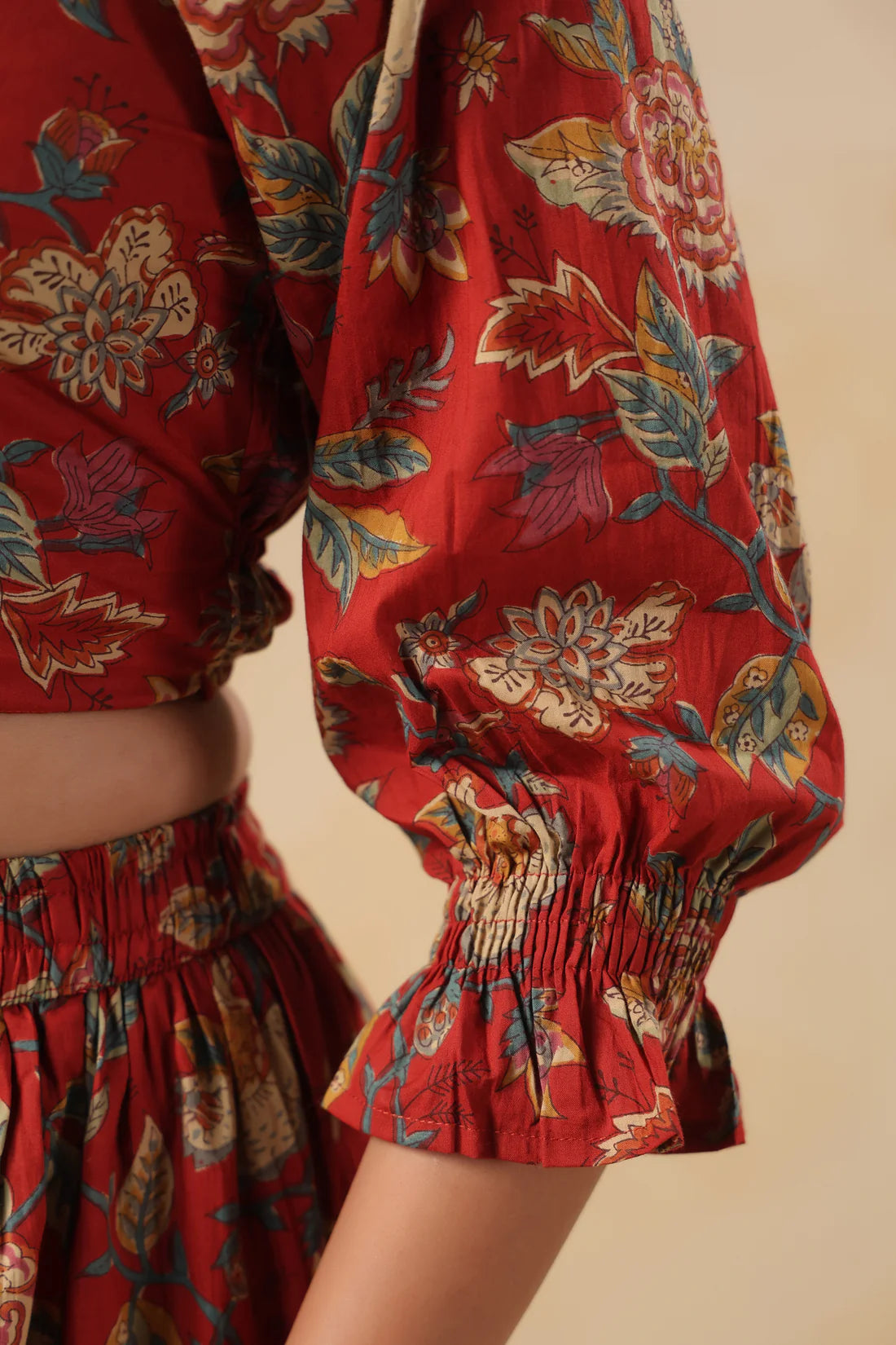Floral Cotton Crop Top & Skirt Co-ord Set – Red | Elegant Ethnic Summer Wear