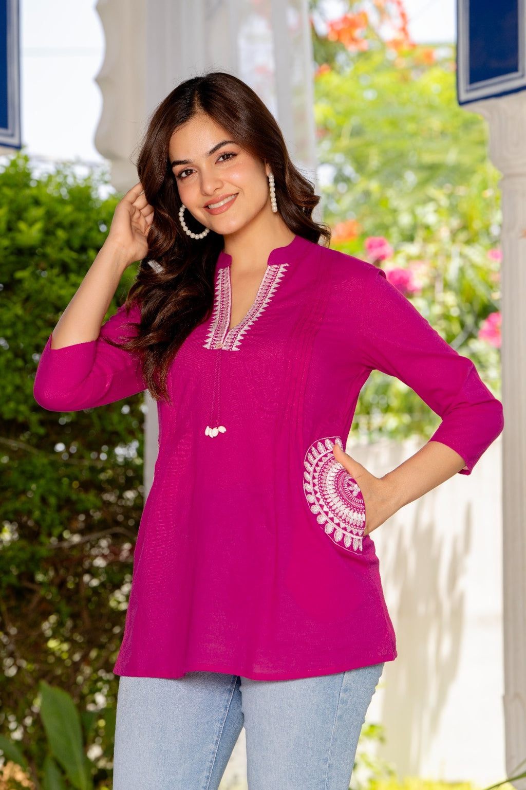Fuchsia Pink Cotton 60x60 Embroidered Women's Top