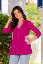 Fuchsia Pink Cotton 60x60 Embroidered Women's Top