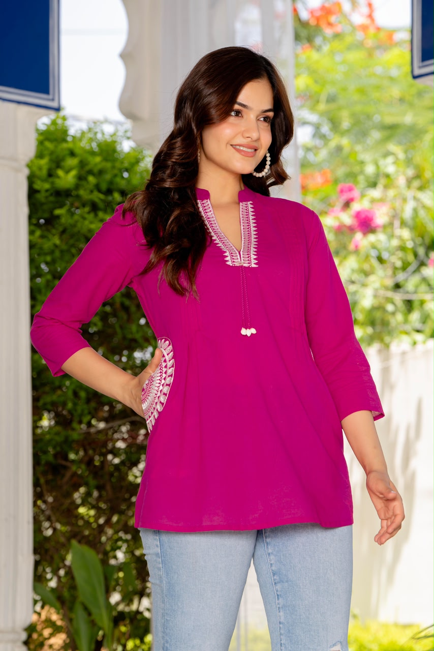 Fuchsia Pink Cotton 60x60 Embroidered Women's Top
