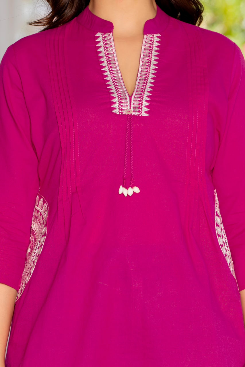 Fuchsia Pink Cotton 60x60 Embroidered Women's Top